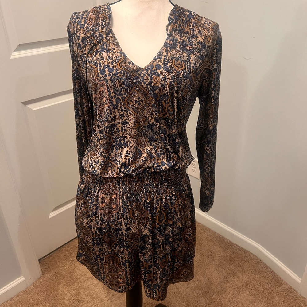 Juniper Blue Boho Print Long Sleeve Smocked Waist Dress Size Small